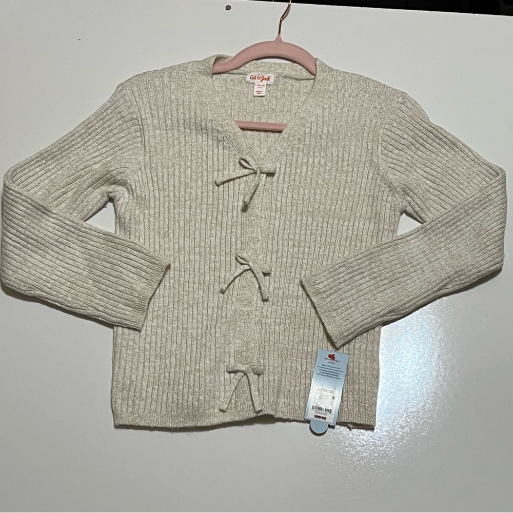 NWT Cat & Jack Girl's Ribbed Bow V-Neck Cardigan- Cream L (10/12) - Picture 3 of 8